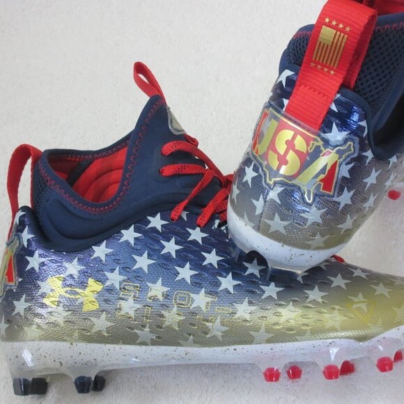 Under Armour Men\'s Spotlight Lux LE MC Football Cleats Size 11.5 Blue Red Gold